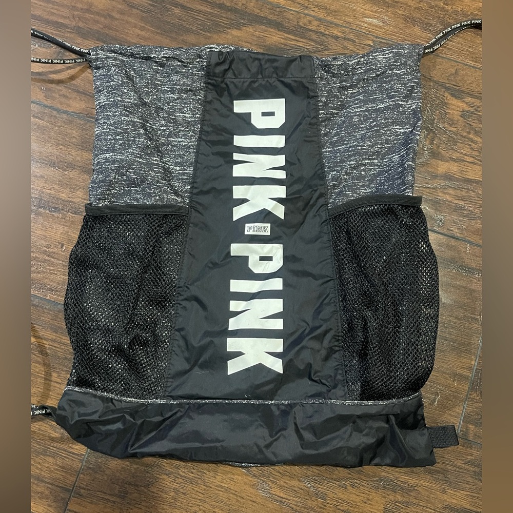 PINK Victoria's Secret Gray and Black Drawstring Bag